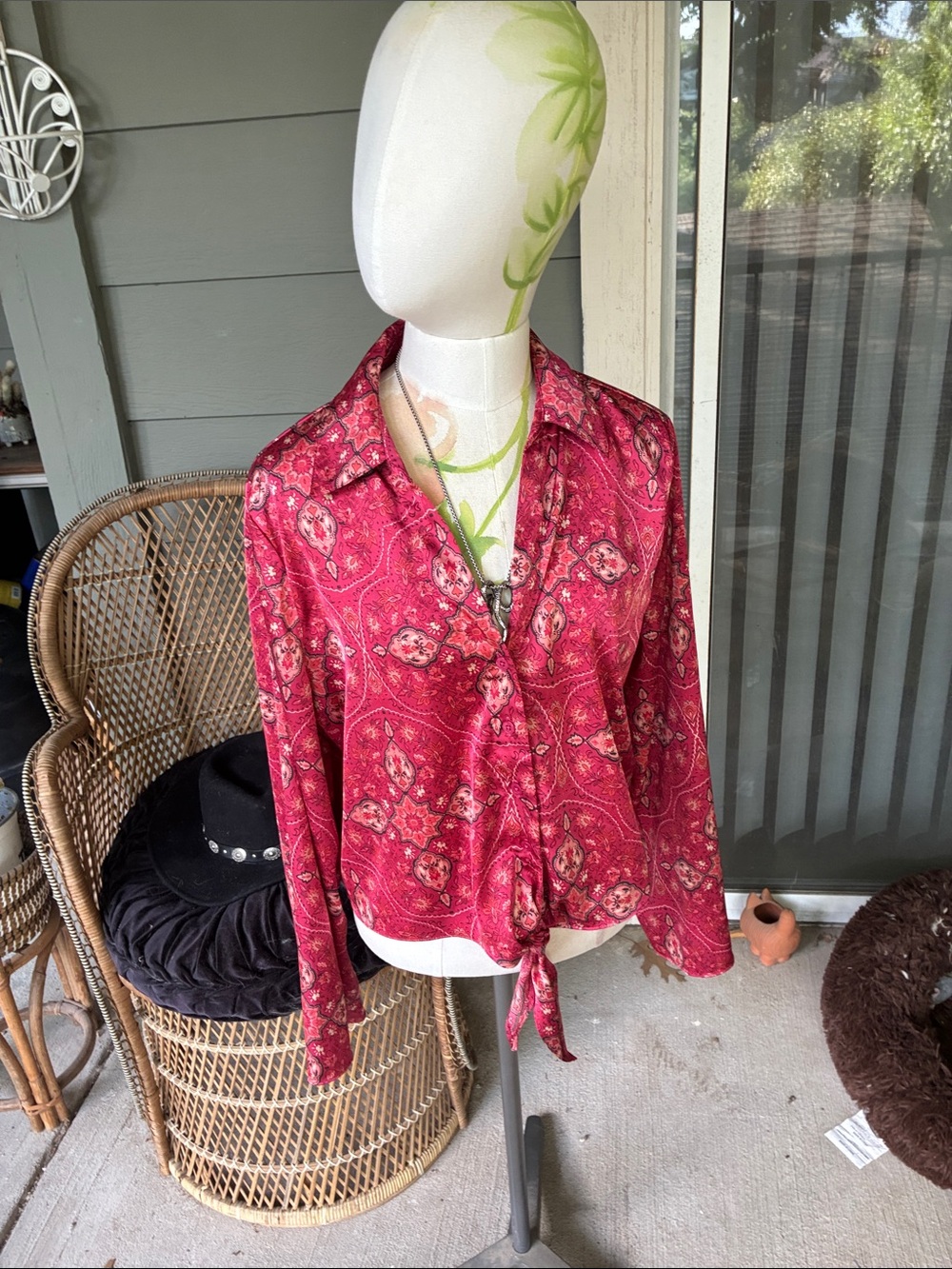 Silky Paisley Button-Down Tie Front Blouse | Bell Sleeves | 90s Cool Girl Vibes